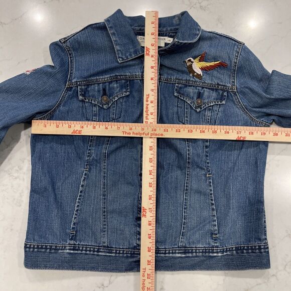 Tommy Hilfiger Womens Embroidered Y2K Jean Denim Jacket Distressed Sz L - Picture 3 of 14